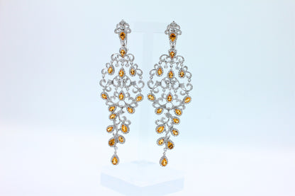 Yellow Sapphire Ornamental Diamond Pave Chandelier Drop 18k White Gold Earrings