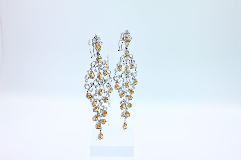 Yellow Sapphire Ornamental Diamond Pave Chandelier Drop 18k White Gold Earrings