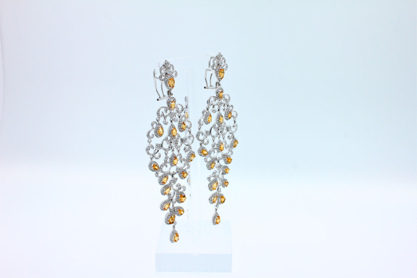 yellow sapphire ornamental diamond pave chandelier drop 18k white gold earrings