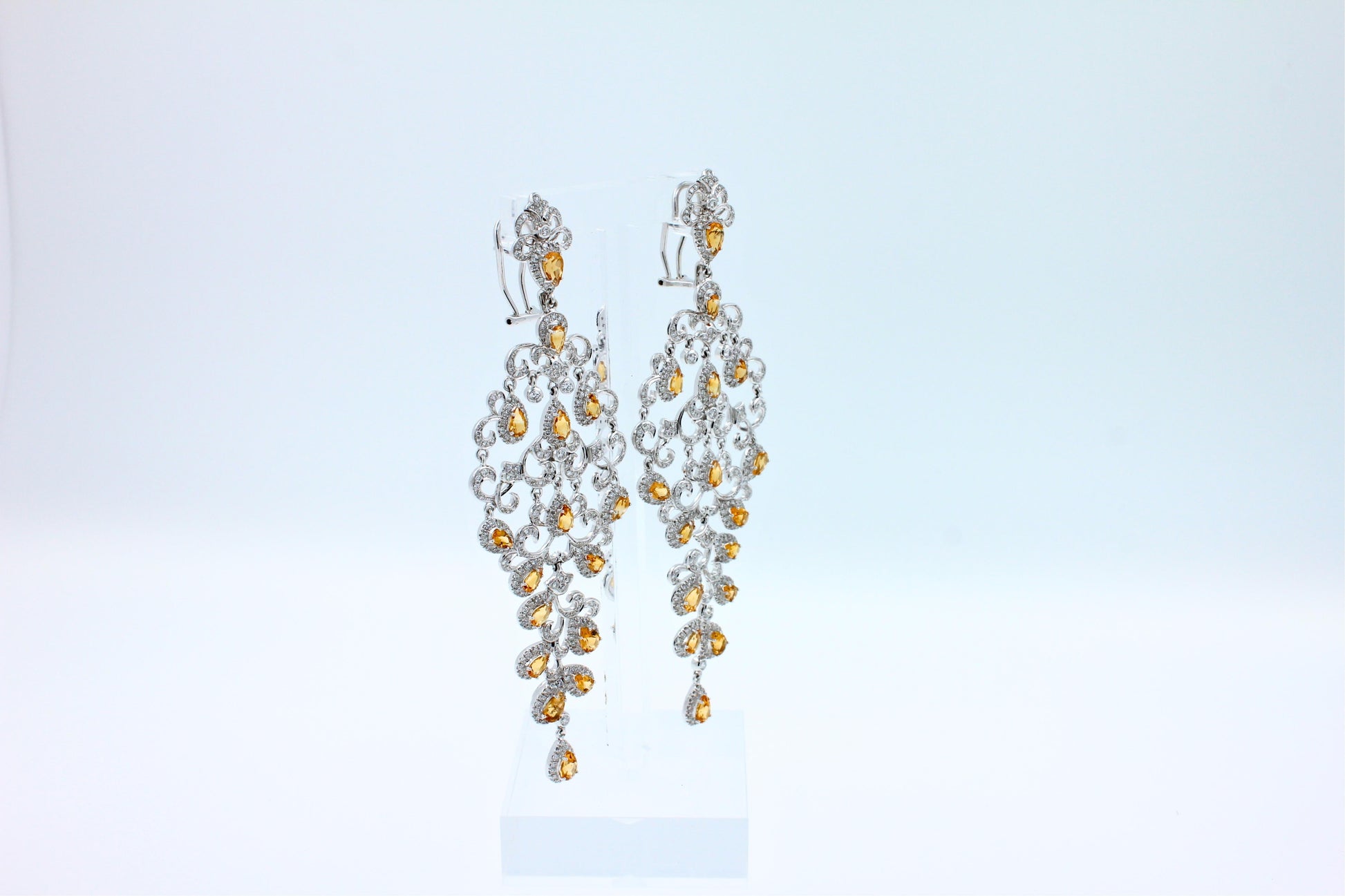 Yellow Sapphire Ornamental Diamond Pave Chandelier Drop 18k White Gold Earrings