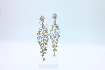 Yellow Sapphire Ornamental Diamond Pave Chandelier Drop 18k White Gold Earrings