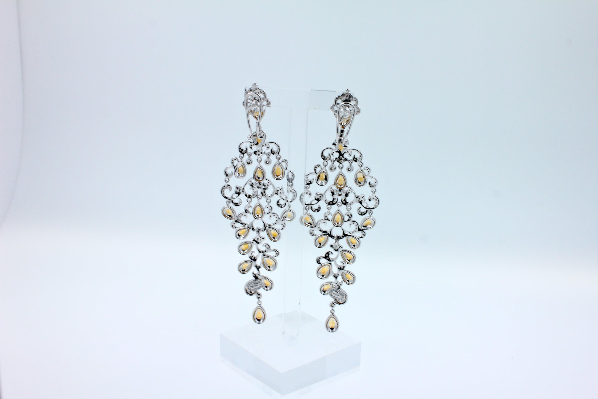 Yellow Sapphire Ornamental Diamond Pave Chandelier Drop 18k White Gold Earrings