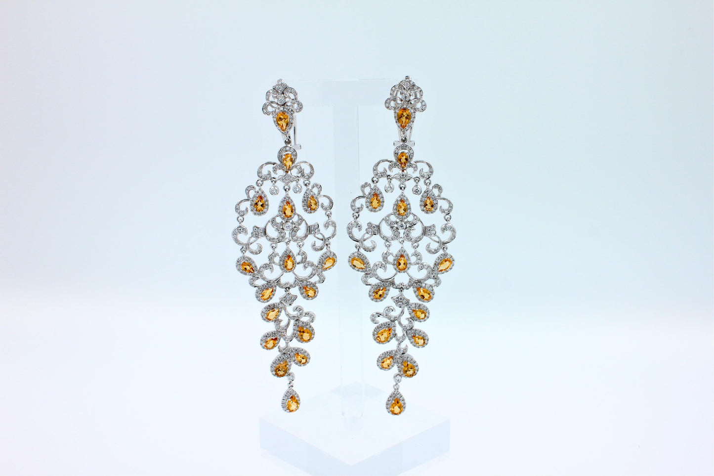 yellow sapphire ornamental diamond pave chandelier drop 18k white gold earrings