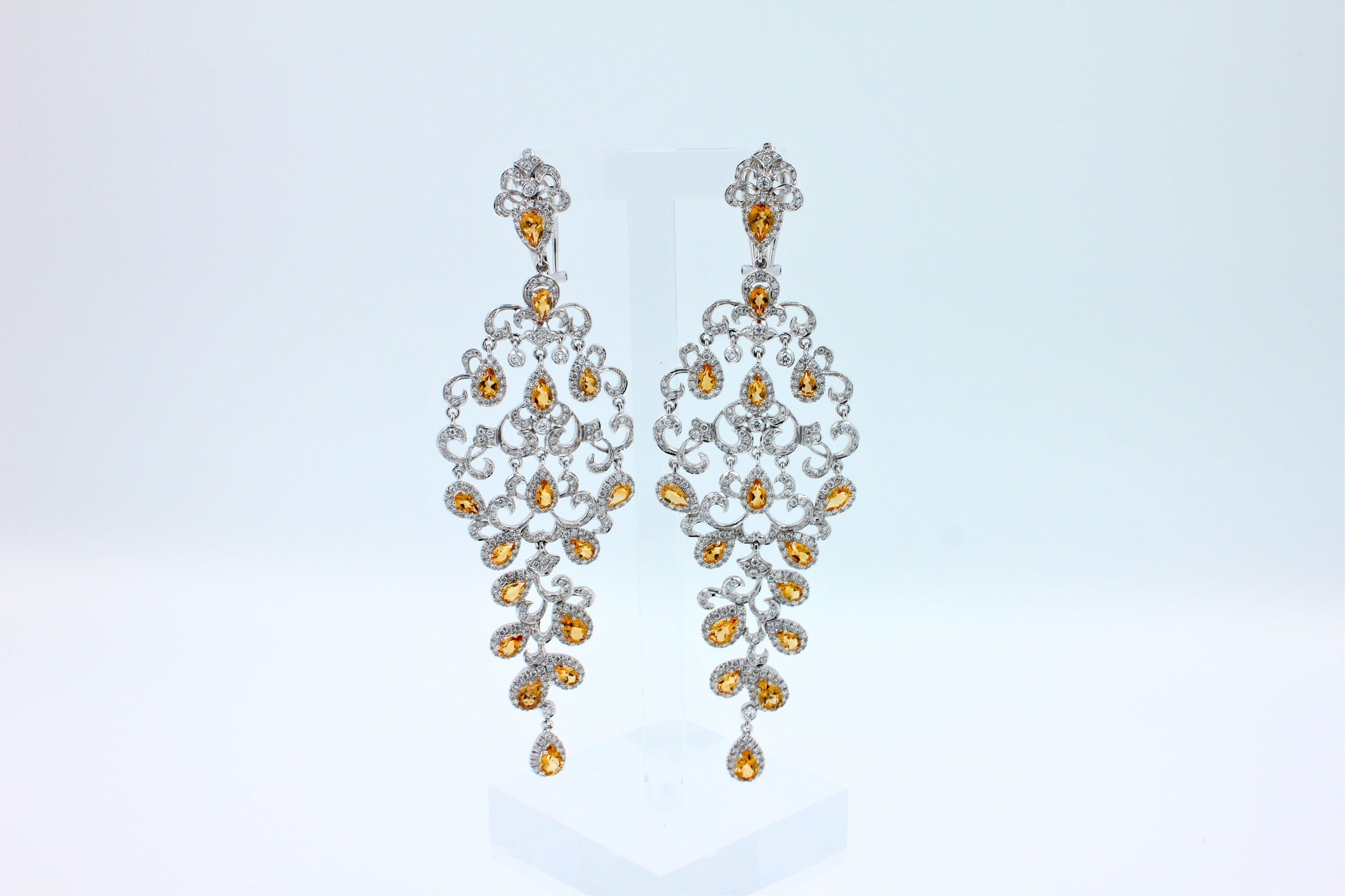 Yellow Sapphire Ornamental Diamond Pave Chandelier Drop 18k White Gold Earrings