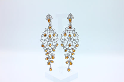 Yellow Sapphire Ornamental Diamond Pave Chandelier Drop 18k White Gold Earrings