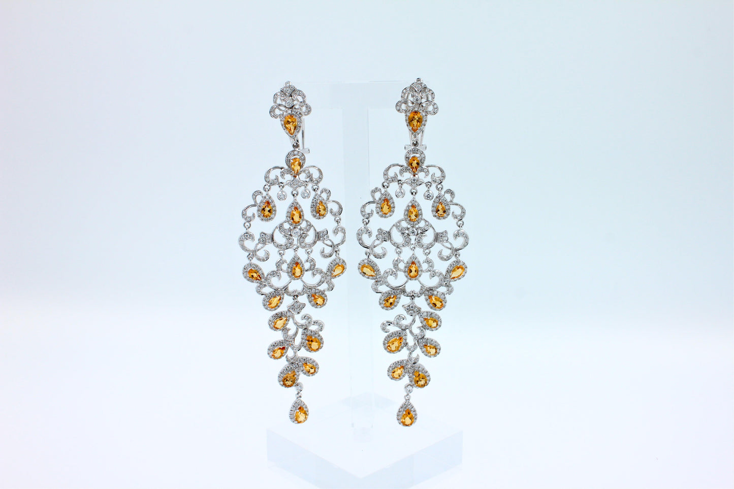 yellow sapphire ornamental diamond pave chandelier drop 18k white gold earrings
