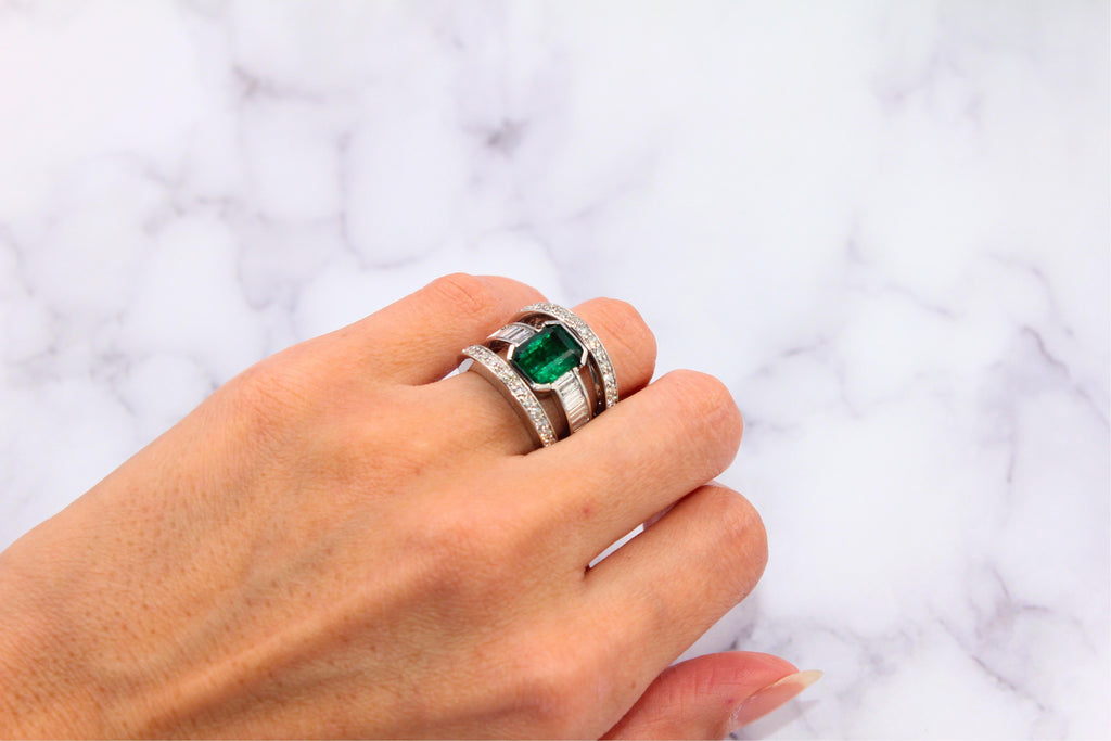 Zambian Emerald 18 Karat White Gold Full Finger Bezel Diamond Baguette Rows Ring