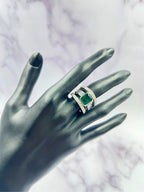 Zambian Emerald 18 Karat White Gold Full Finger Bezel Diamond Baguette Rows Ring