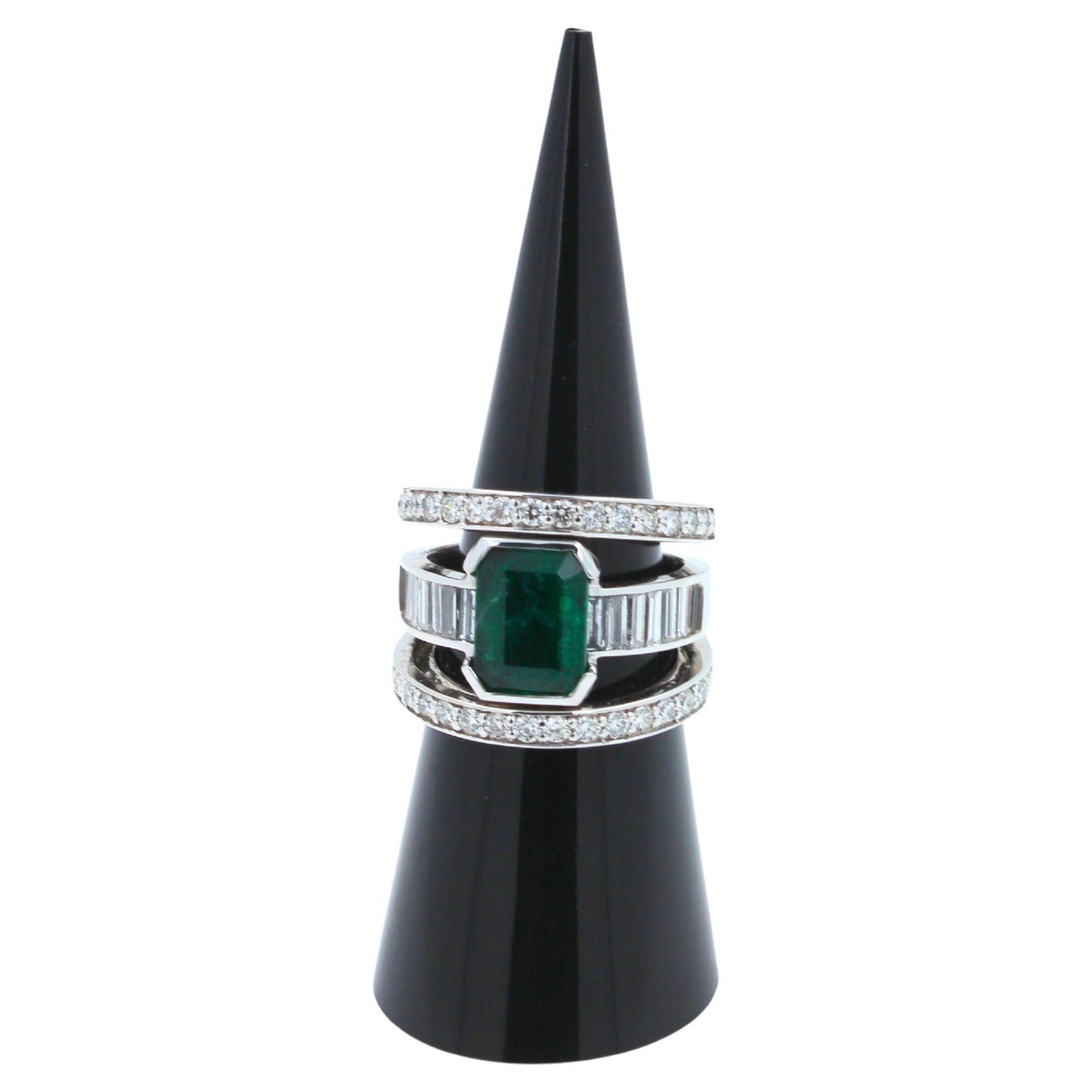 zambian emerald 18 karat white gold full finger bezel diamond baguette rows ring