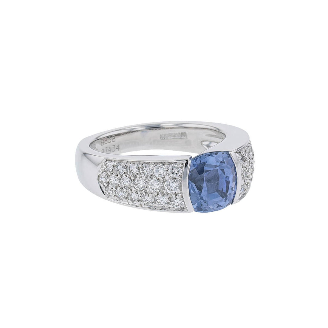 Boucheron Cushion Blue Sapphire & Diamonds Pave Set 18K White Gold Ring