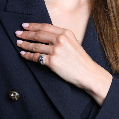 Boucheron Cushion Blue Sapphire &amp; Diamonds Pave Set 18K White Gold Ring