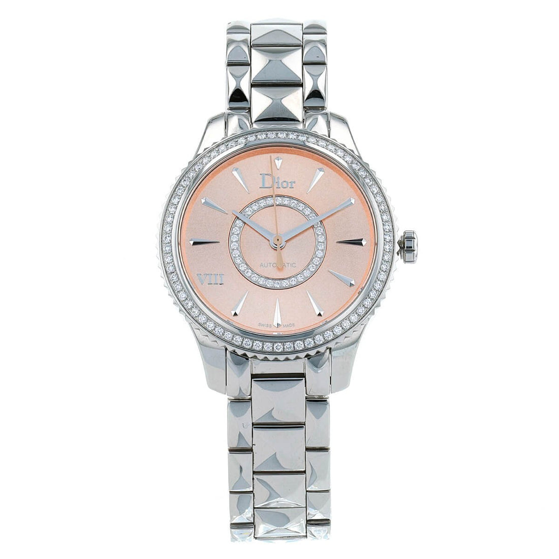 Dior VIII Diamonds & Stainless Steel 33 mm Rose Pink Dial Watch