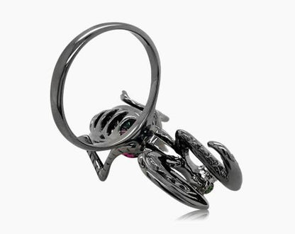 Ruby & Tourmaline & Green Garnet Praying Mantis Bug 18K Black Gold Animal Ring