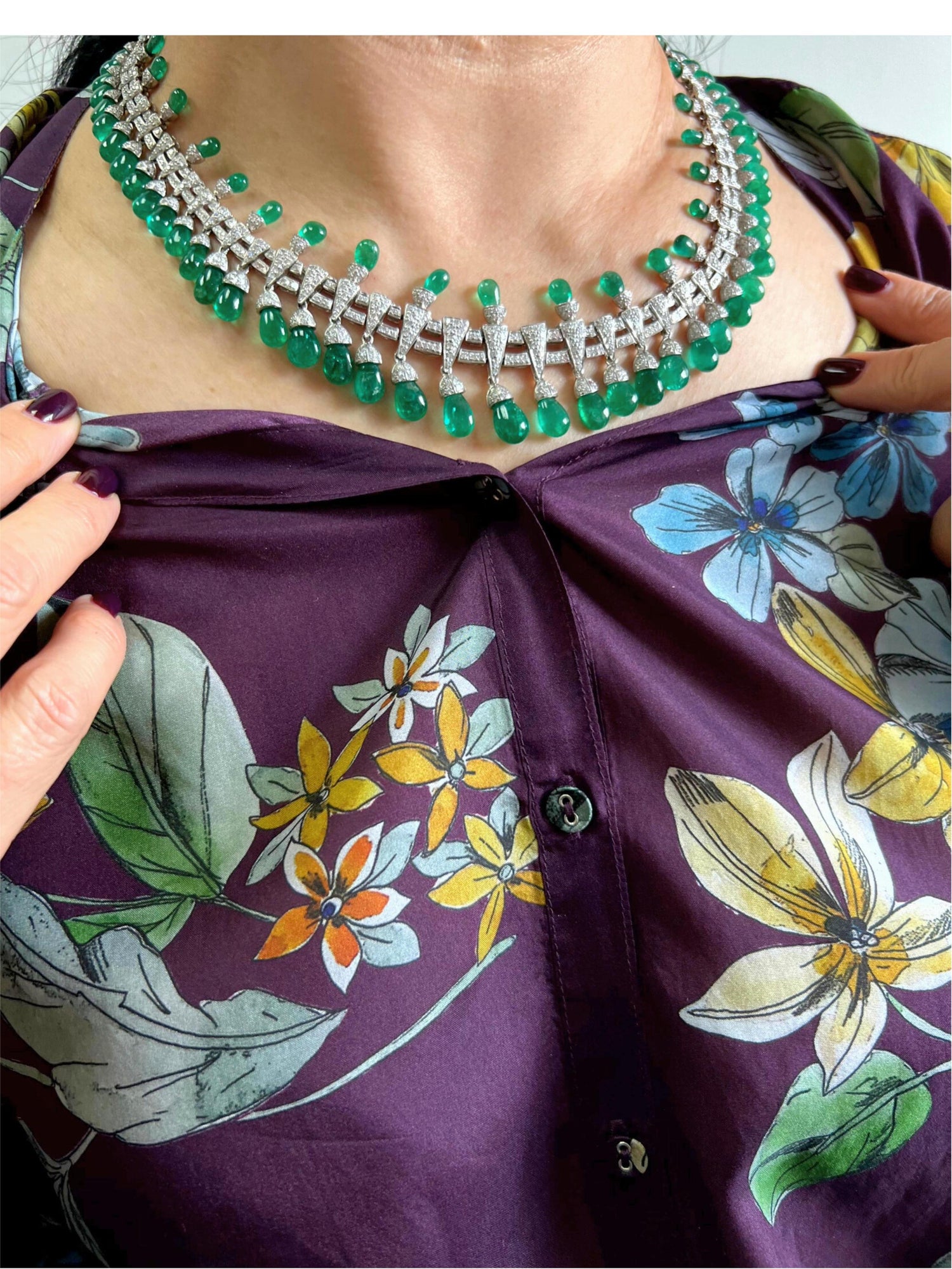 Colombian Emerald Briolette Drops Diamond Pave Princess Necklace