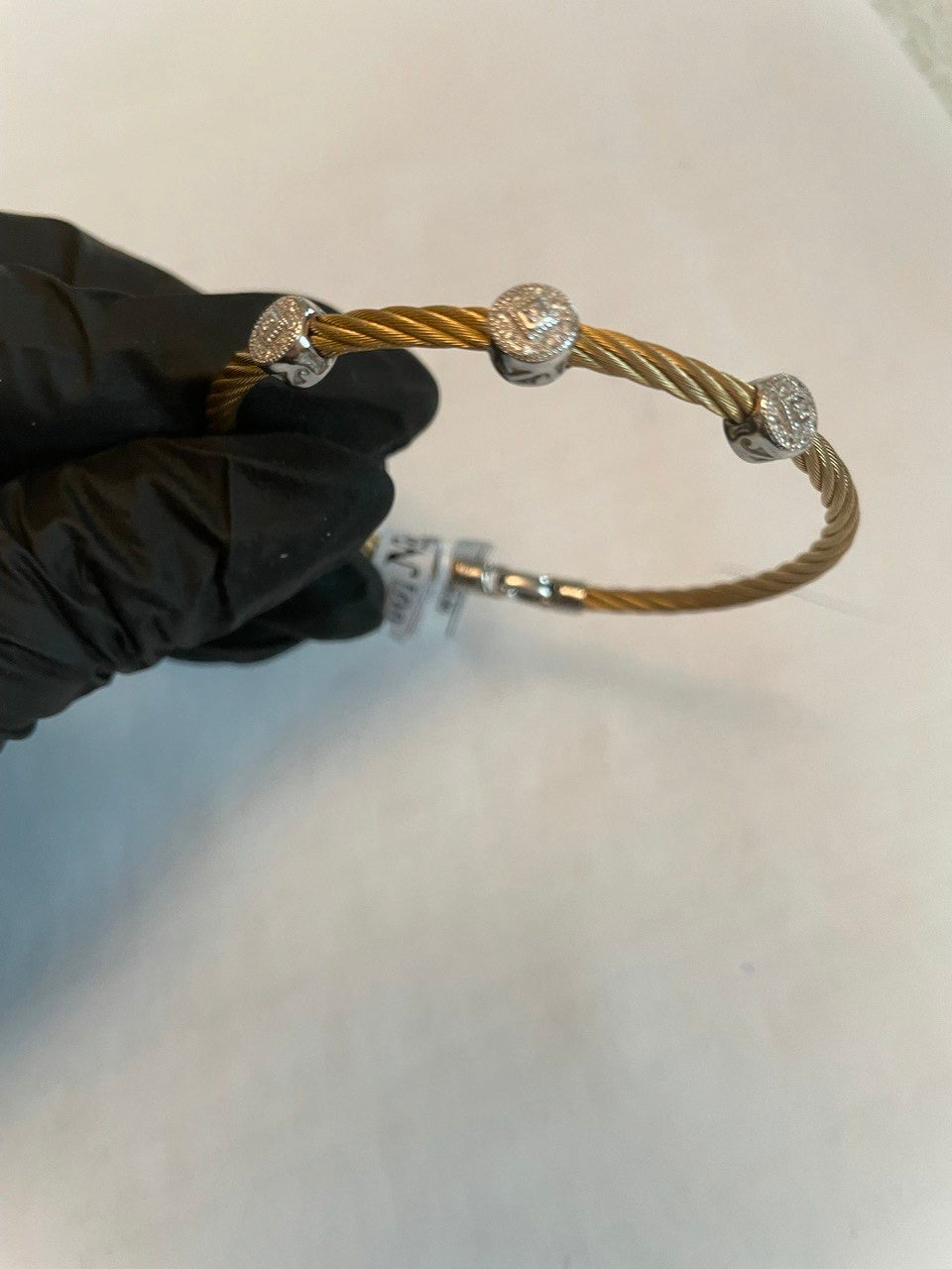 Yellow Cable Row Steel 18 Karat White Gold Diamonds Filigree Statement Bracelet