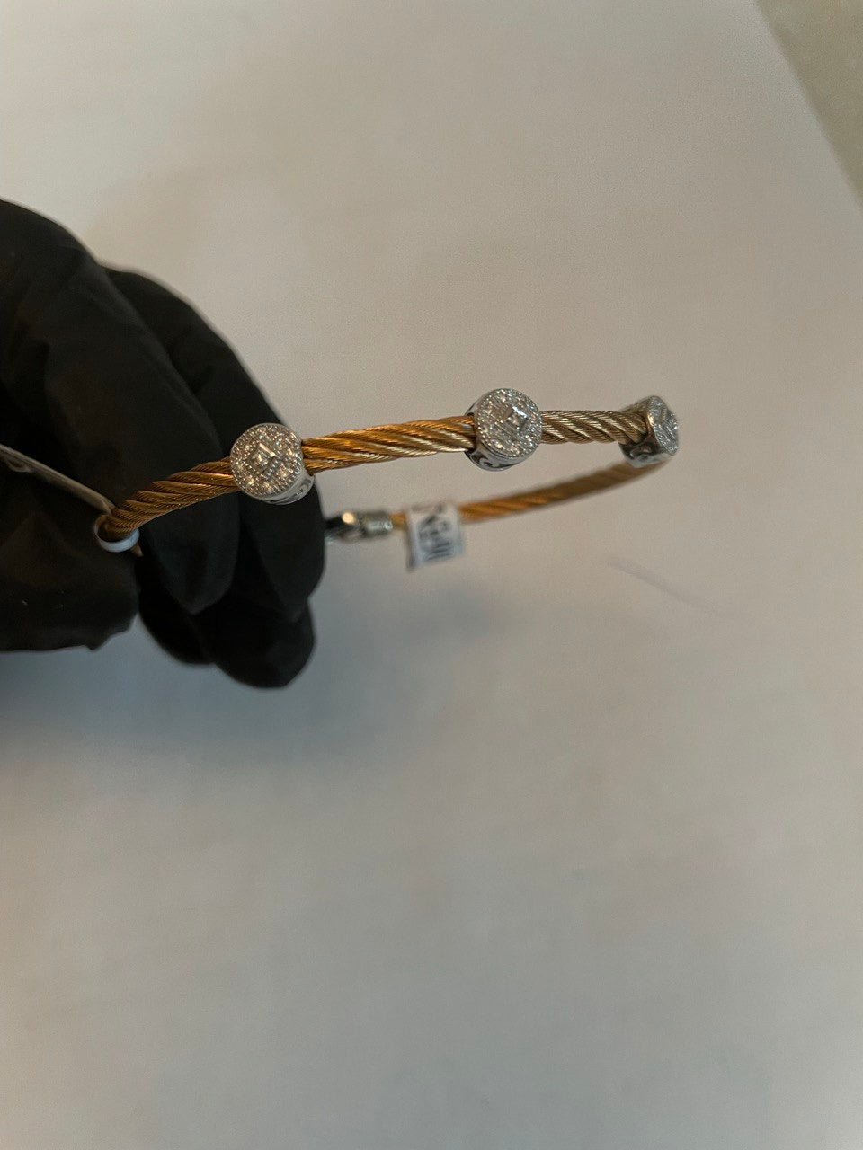 Yellow Cable Row Steel 18 Karat White Gold Diamonds Filigree Statement Bracelet