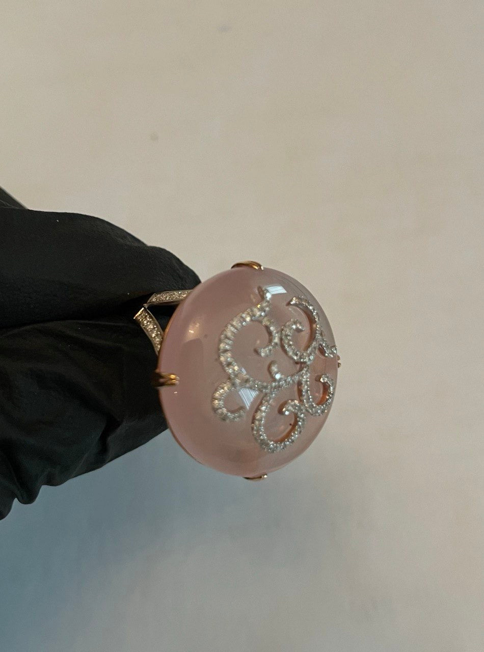 Rose Quartz Diamond 18 Karat Rose Gold Rose Theme Flowers Floral Statement Ring