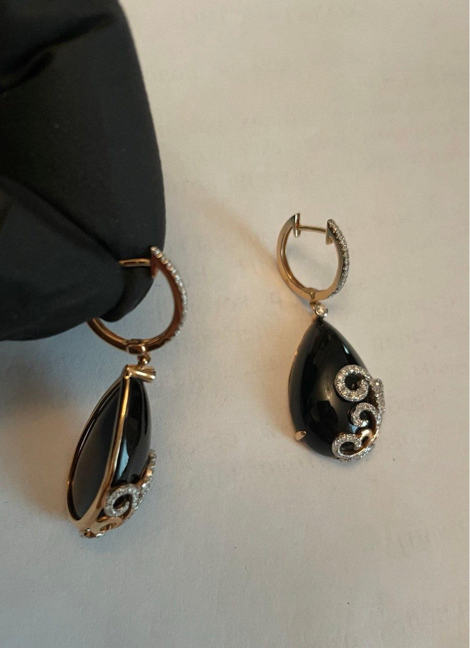 Black Onyx Cabochon Diamond 18 Karat Rose Yellow Gold Floral Swirl Drop Earrings