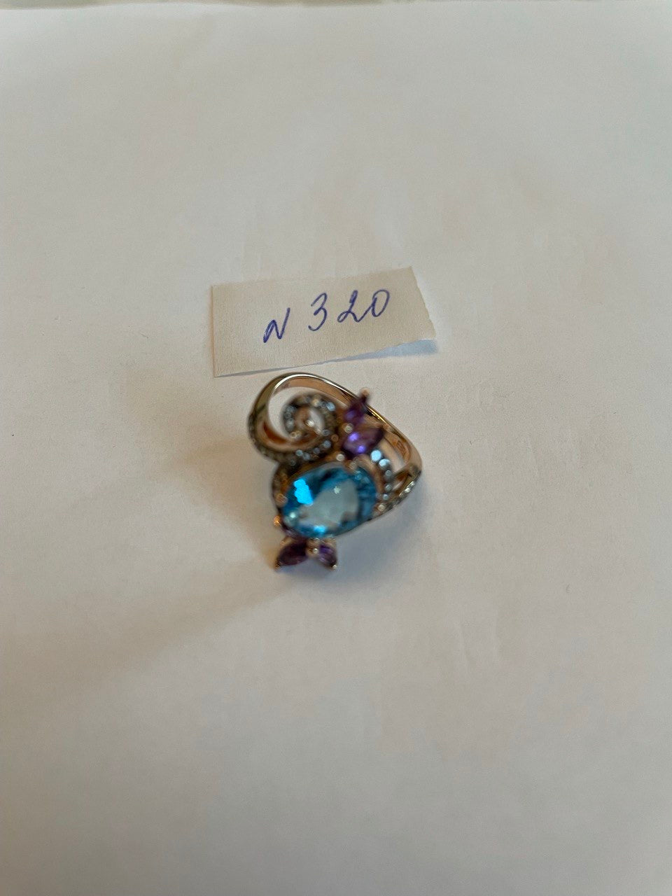 Blue Topaz Purple Amethyst Diamonds Floral Flower 14K Rose Gold Statement Ring