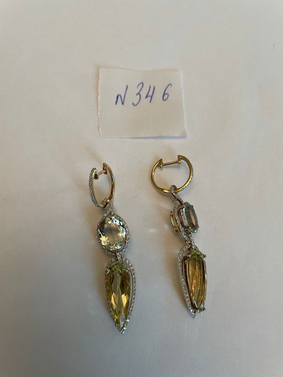 Yellow Lemon Quartz Green Amethyst Prasiolite 14K Gold Drop Diamonds Earrings