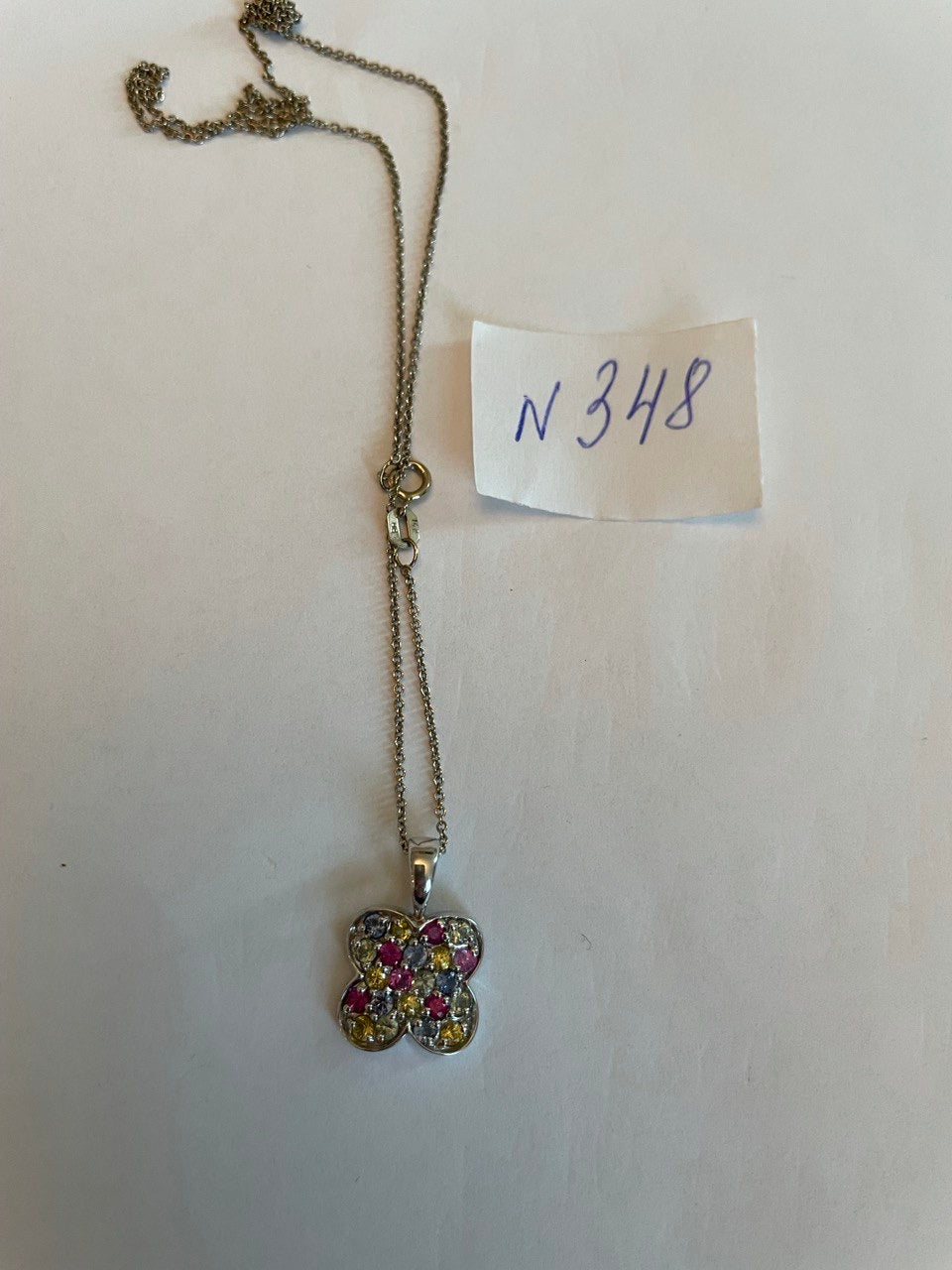 Rainbow Colorful Gemstones Pave 14K White Gold Pendant Necklace