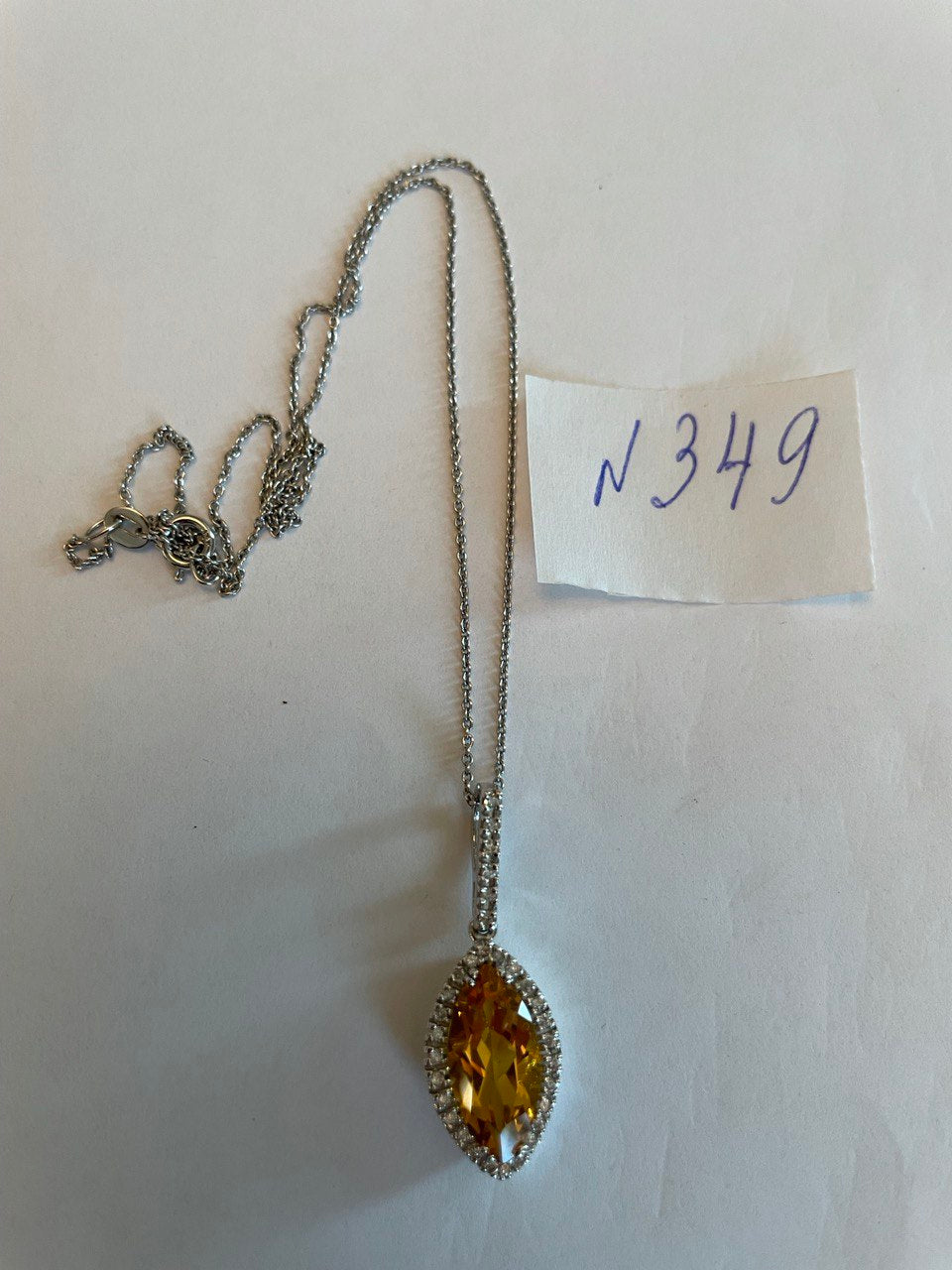 Marquise Orange Amber Citrine Diamond Halo 14K White Gold Pendant Necklace