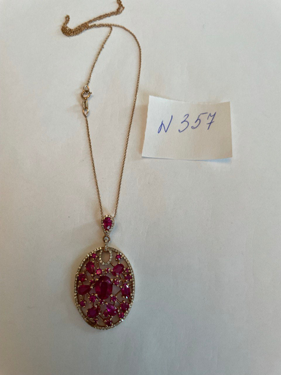 Red Pink Ruby Diamond Halo 14K Rose Gold Pendant Medallion Statement Necklace