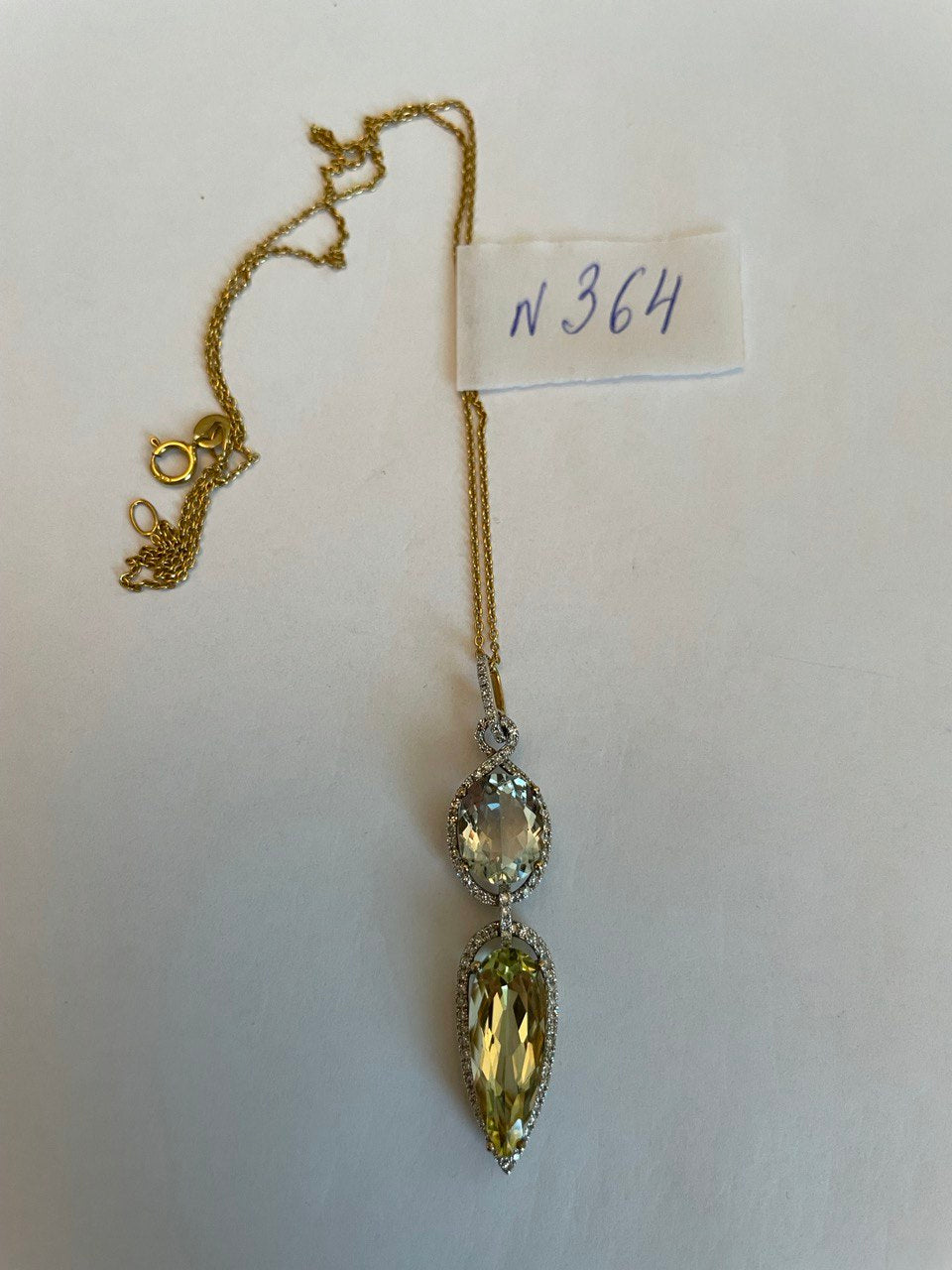 Yellow Lemon Quartz Green Amethyst Prasiolite 14K Gold Diamond Pendant Necklace