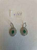 Oval Green Emerald Diamond Halo Lattice 14K White Gold Statement Drop Earrings