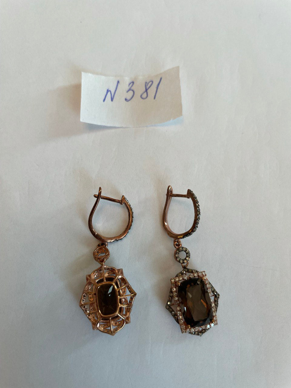 Brown Smoky Quartz Diamonds Halo 14K Rose Gold Statement Drop Earrings