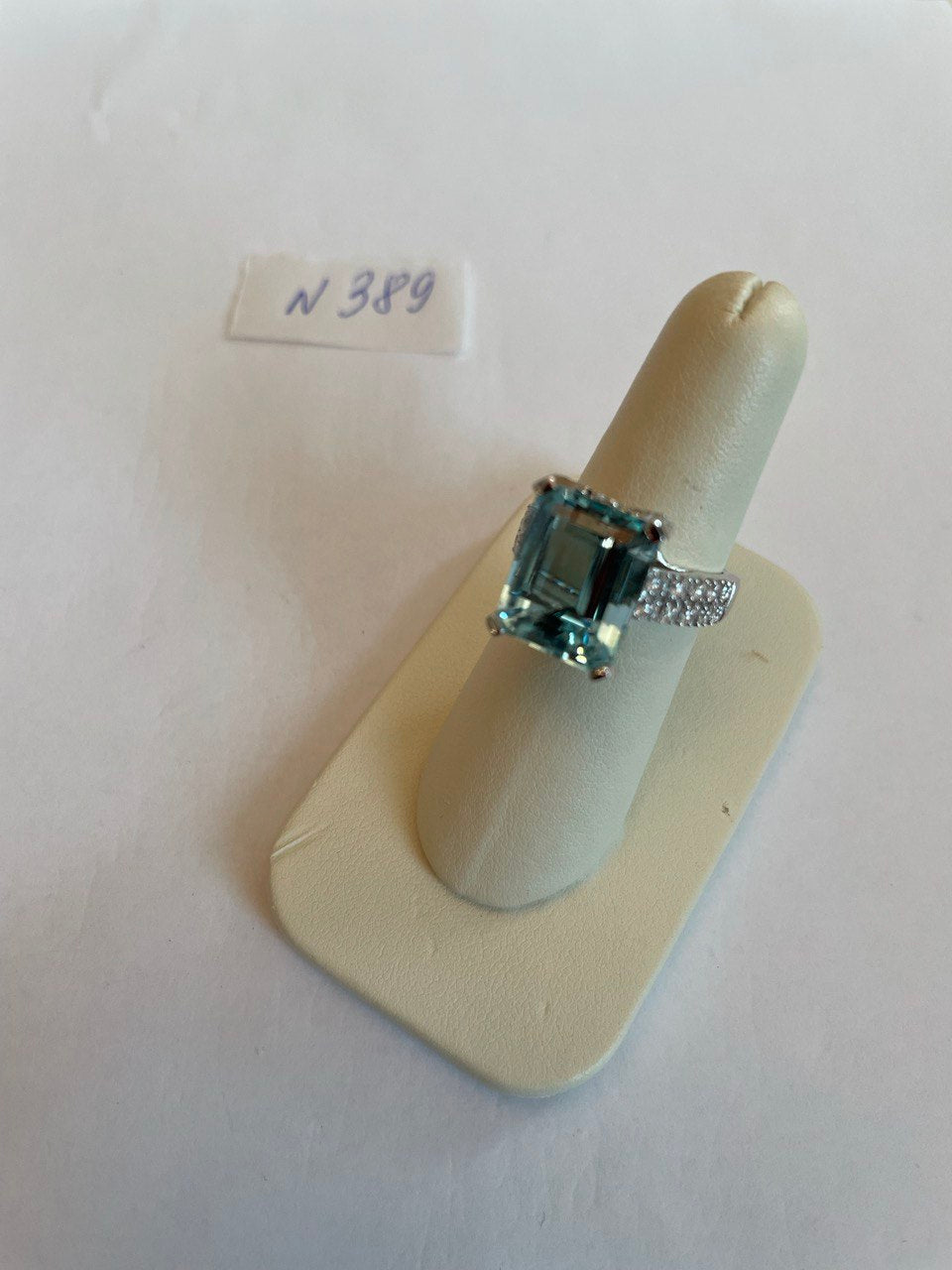 Octagon Shape Blue Aquamarine Diamond Pave 14K White Gold Cocktail Ring