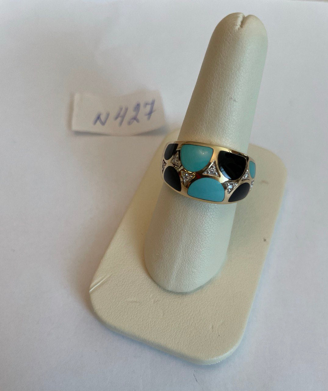Blue Teal Turquoise &amp; Black Onyx Diamonds 14K Yellow Gold Statement Dome Ring