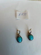Blue Teal Turquoise Diamonds Halo 14K Yellow Gold Statement Huggie Earrings