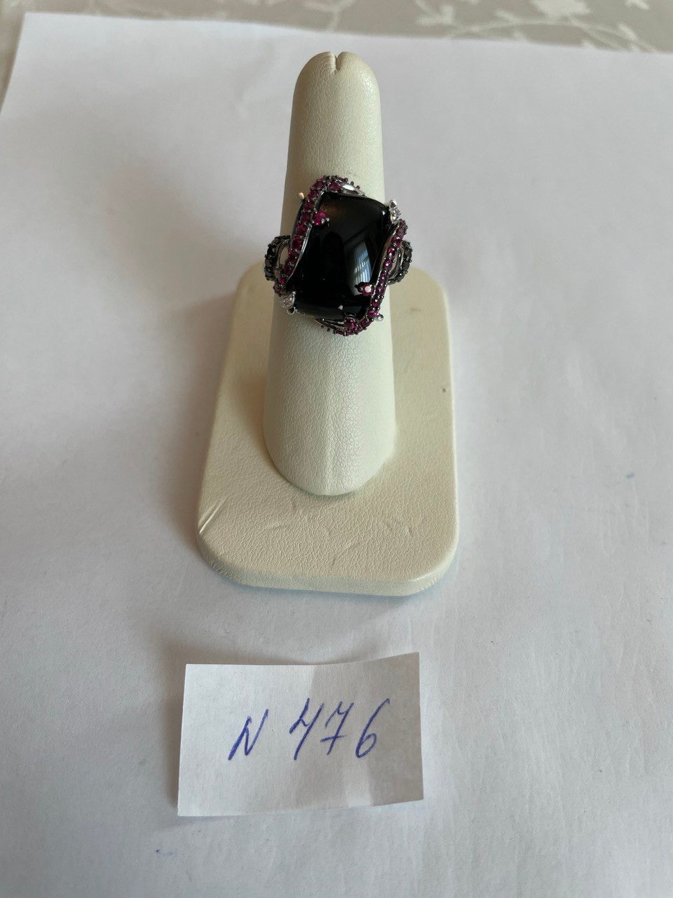 Black Onyx Red Pink Ruby White Diamond Halo 14K White Gold Statement Ring