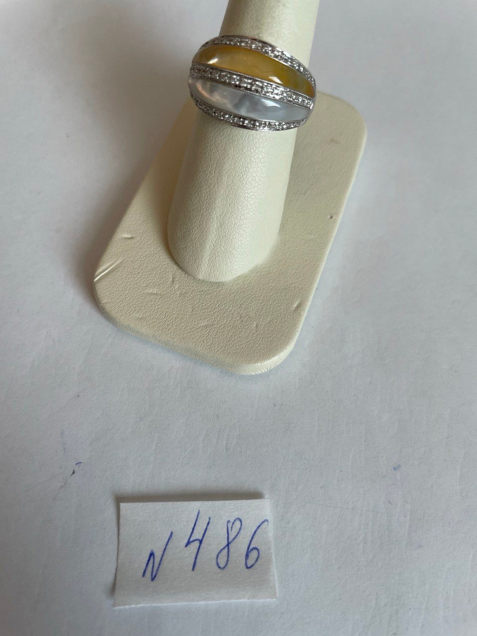 White Golden Yellow Mother of Pearl Diamond Channel Dome 14K White Gold Ring