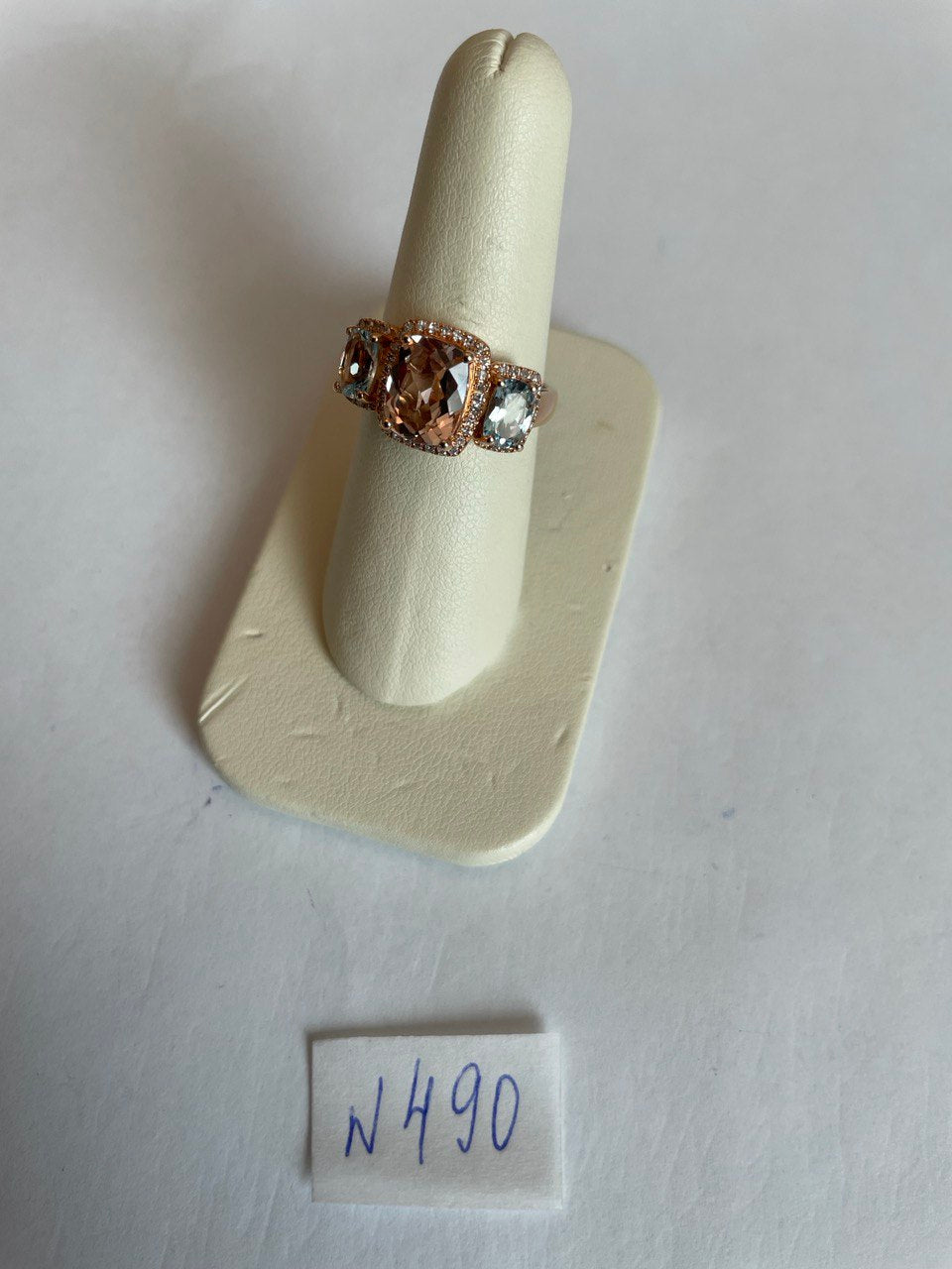 Orange Pink Peach Morganite & Blue Aquamarine 14K White Gold Diamond Ring