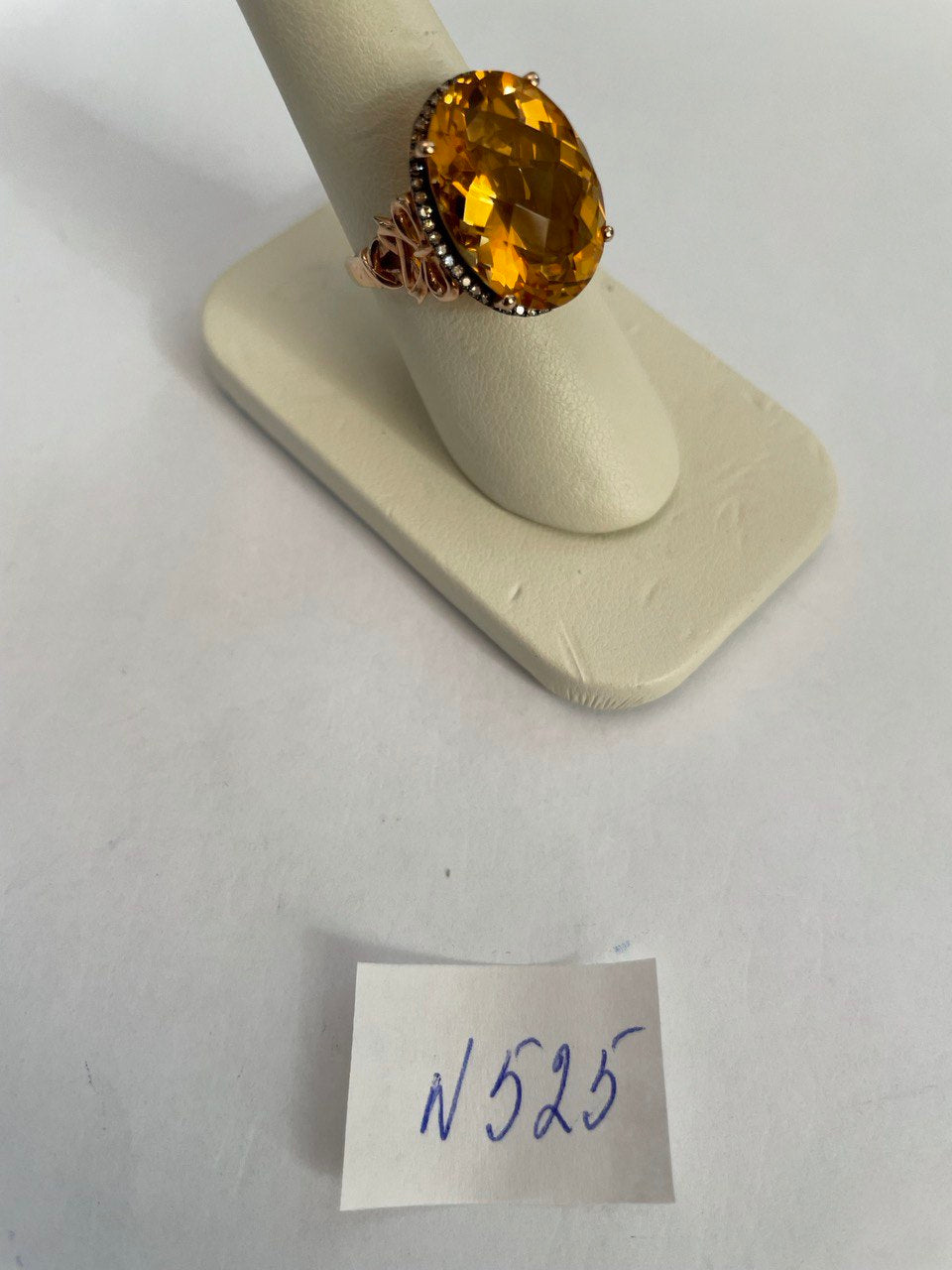 Orange Amber Citrine Black Diamond Halo Set Rose Gold Statement Cocktail Ring