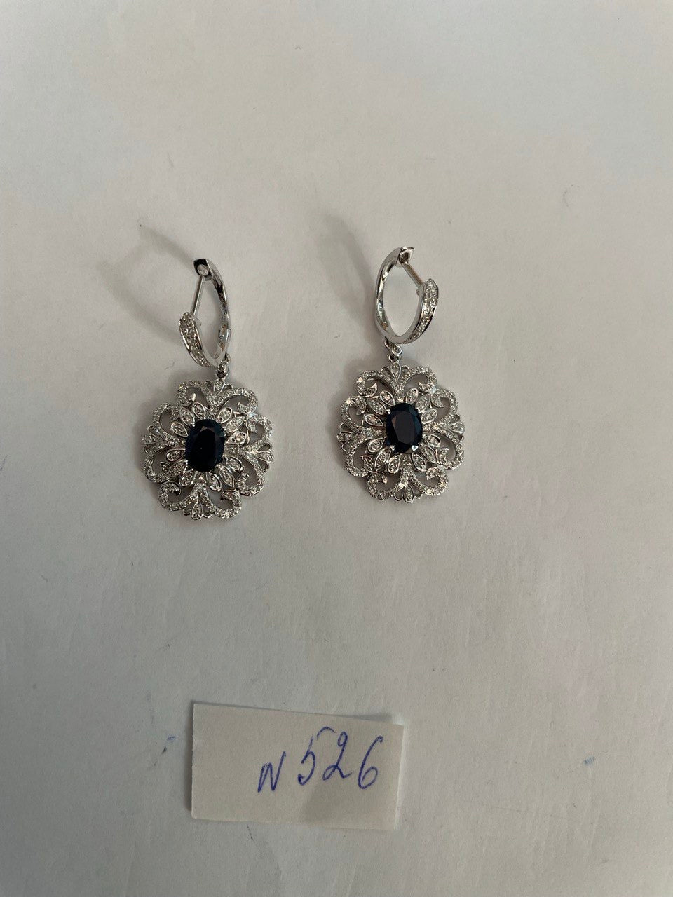 Blue Sapphire White Diamonds Symbol 14K White Gold Statement Scroll Earrings