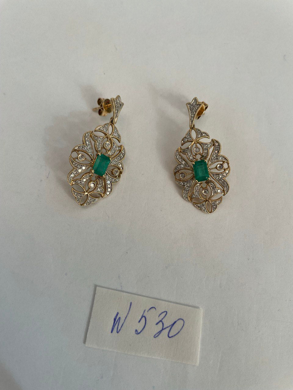 Green Emerald White Diamonds Symbol 14K Yellow Gold Statement Scroll Earrings