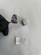 Light Dark Blue Sapphire Cluster White Diamond Pave 14K White Gold Earrings