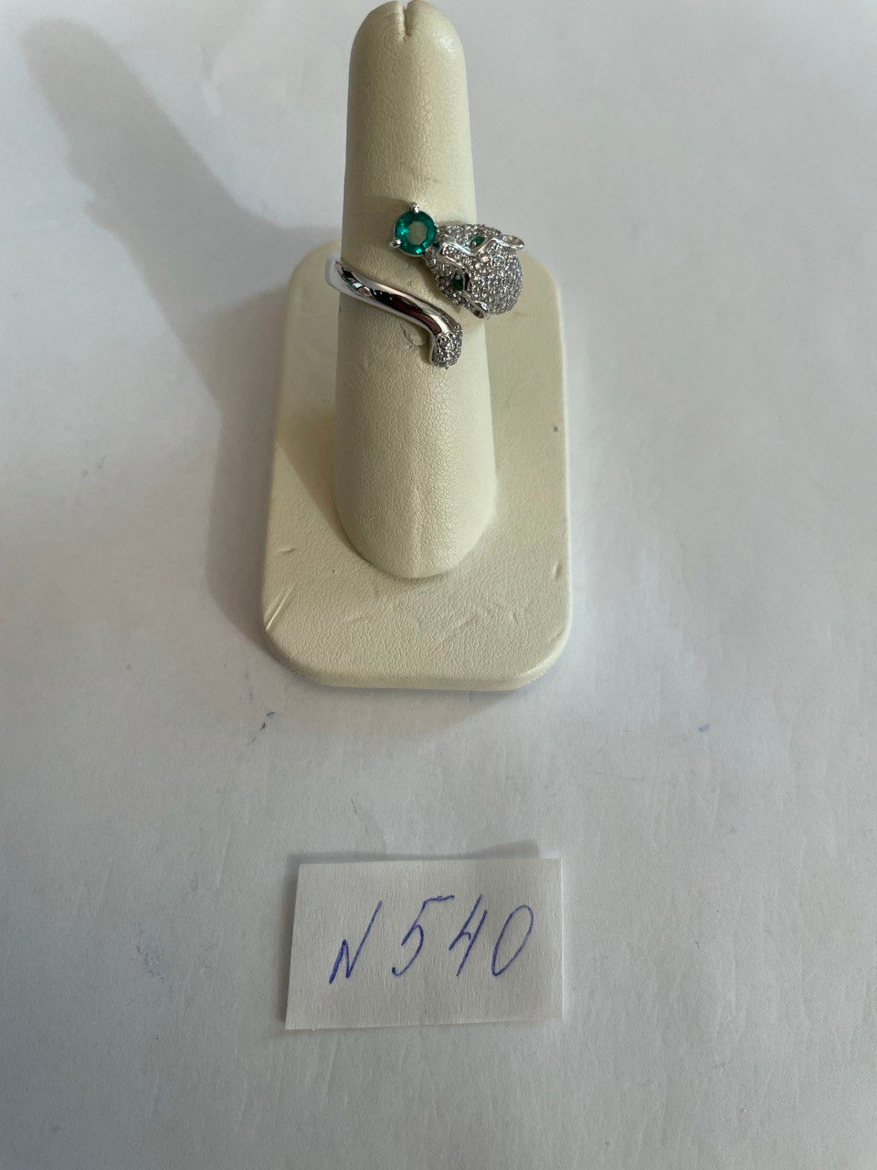 White Snow Leopard Panther Diamond Pave Set Emerald Eyes 14K White Gold Ring