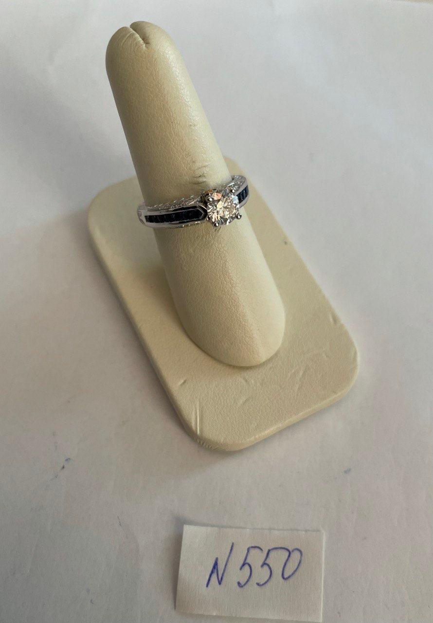round shape brilliant cut diamond blue sapphire channel set 18k white gold ring