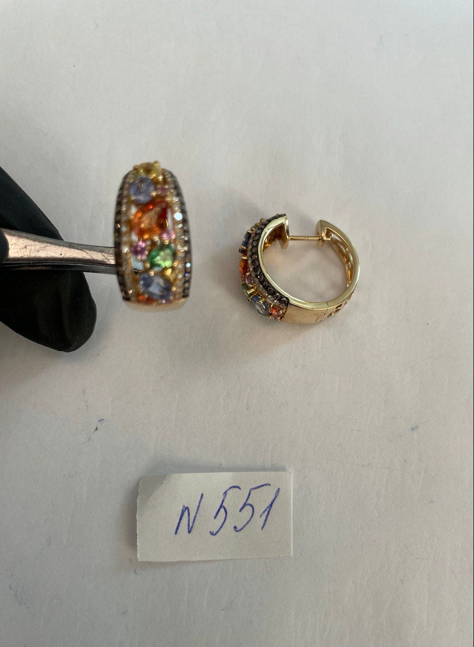 Multicolor Rainbow Sapphires Diamonds Cluster Pave 14K Yellow Gold Earrings