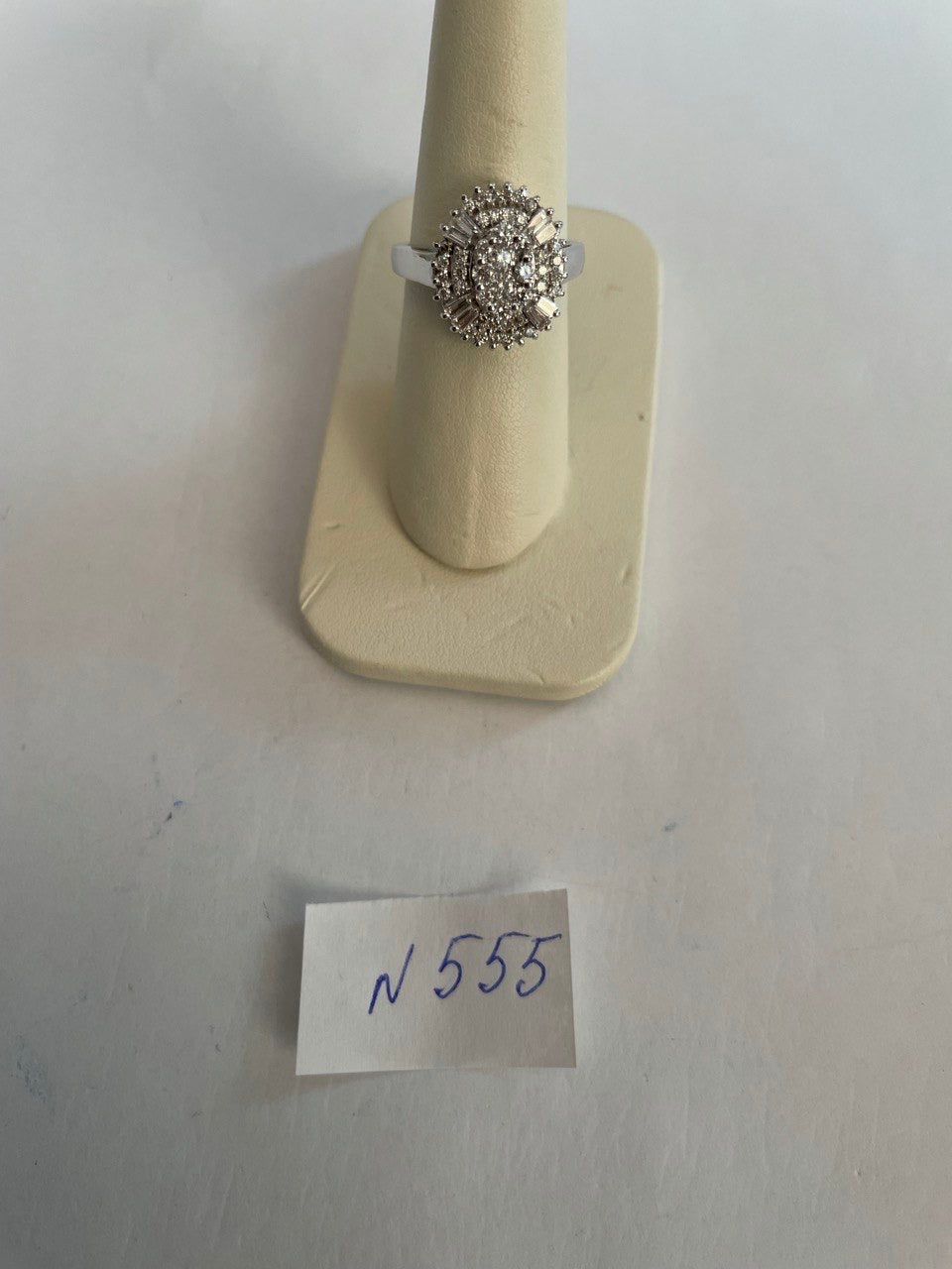 Brilliant Diamond Cluster Round Shape &amp; Baguette 14K White Gold Statement Ring