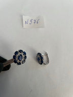 Blue Sapphire Diamond Halo Floral Flower Shape 14K White Gold Statement Earrings