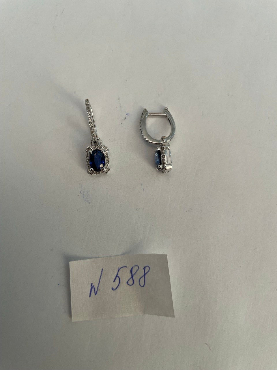 Oval Shape Blue Sapphire 14K White Gold Diamond Halo Huggie Statement Earrings