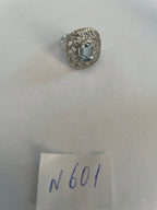 Rectangle Shape Blue Aquamarine & Diamond Halo Pave Set 14K White Gold Ring