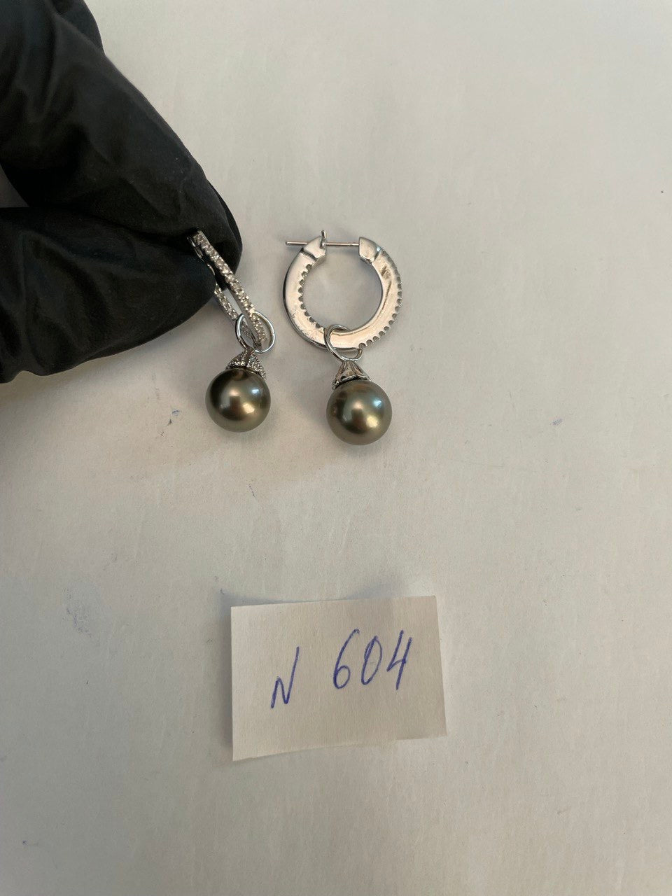 Grey Silver Black Tahitian Pearl 14K White Gold Diamonds Huggie Hoop Earrings