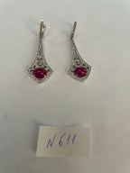 Oval Shape Red Pink Ruby Cabochon 14K White Gold Statement Drop Earrings