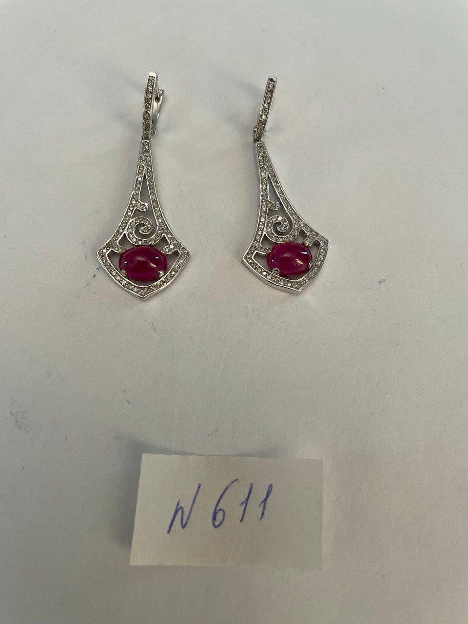 Oval Shape Red Pink Ruby Cabochon 14K White Gold Statement Drop Earrings